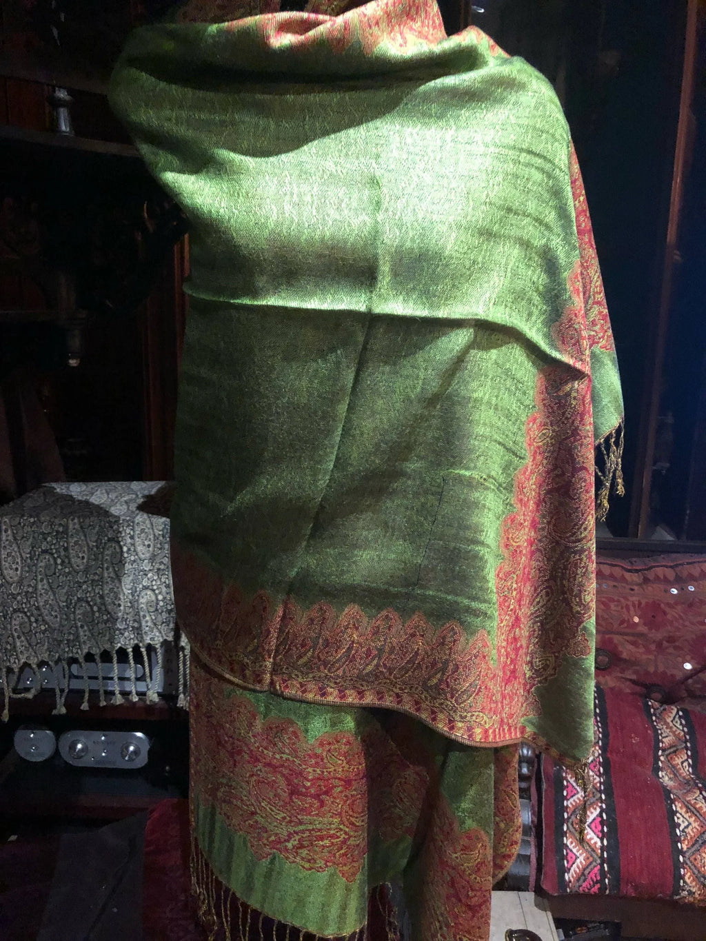 Pashmina Paisley Scarf Red Vintage Wrap Reversible Brocade Green