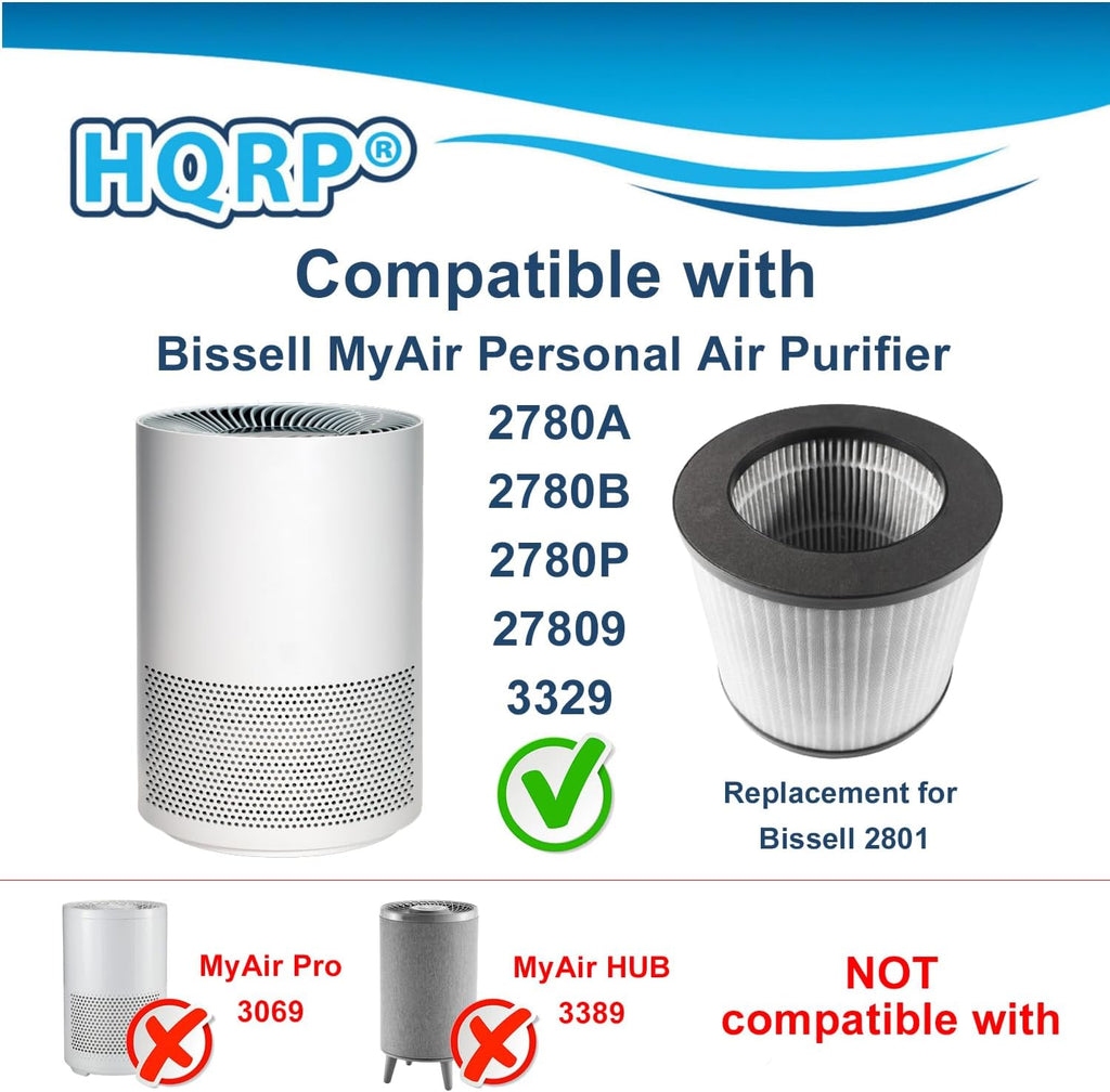 Activated 3329, 3-in-1 2780P Personal Compatible Filter 2801 HQRP Air Carbon with Replacement Purifier Filter Bissell 2780A MyAir HEPA 2-Pack 2780B 27809