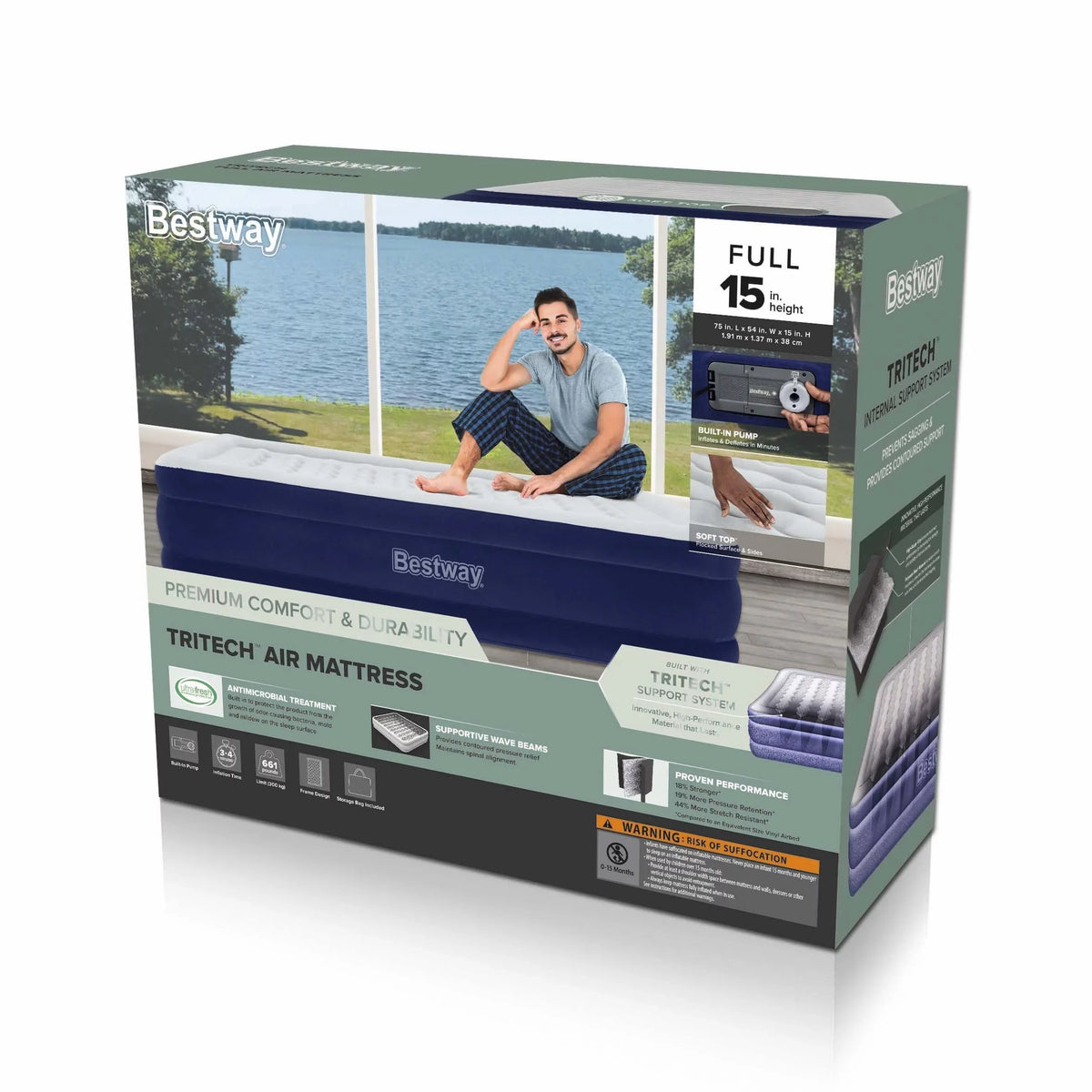 Full Pump, Air Bestway Coating AC 15" Mattress Built-in Antimicrobial with Tritech