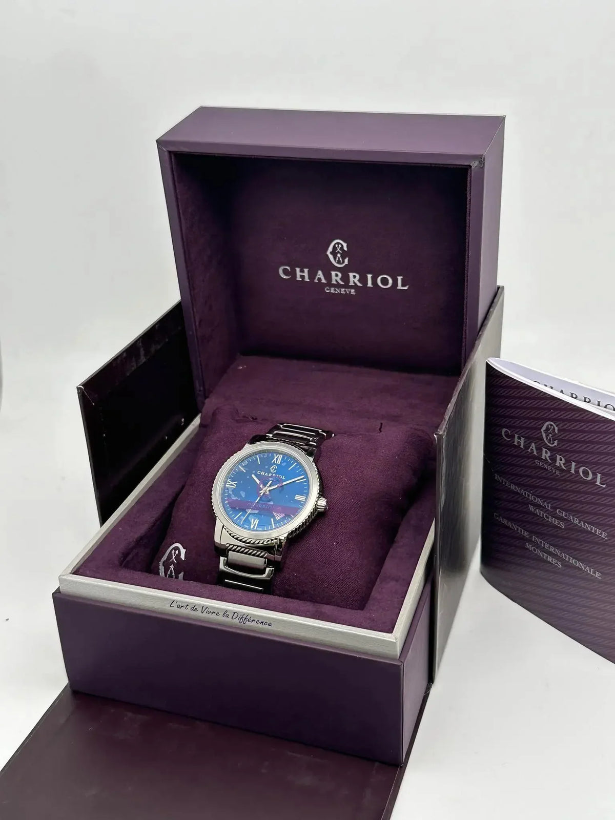 Parisii Dial Stainless Quartz Watch Steel Blue Charriol 40mm P40S2.930.002 New
