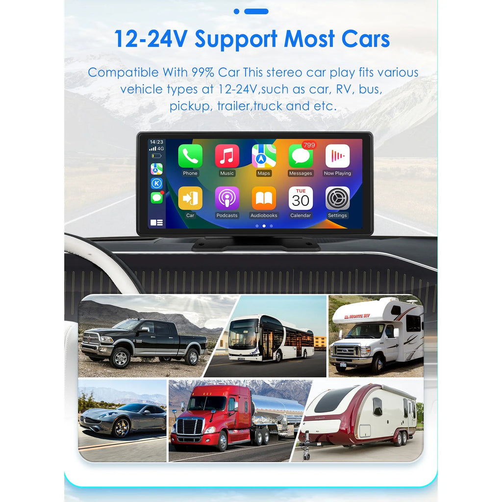 Bluetooth Head Unit Mirror 360° Link Carplay 10.26" Radio Navigation Player Stereo Touchscreen Android Auto FM GPS Car Adjustable