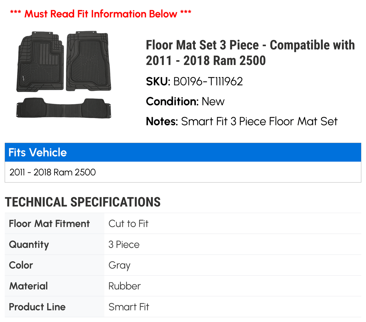 2011 Set - 2016 with Floor Piece 2014 Ram 2015 Mat 2500 2013 Compatible 2012 2017 3 - 2018