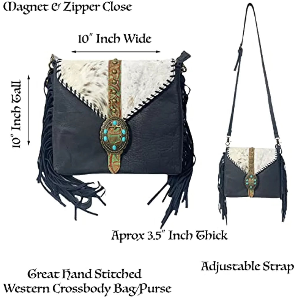 Crossbody Tote Urbalabs Bag Tooled Western Leather Stitched Teal Hand Purses Buckle Messenger Stone Fringe Cowhair (Blue)