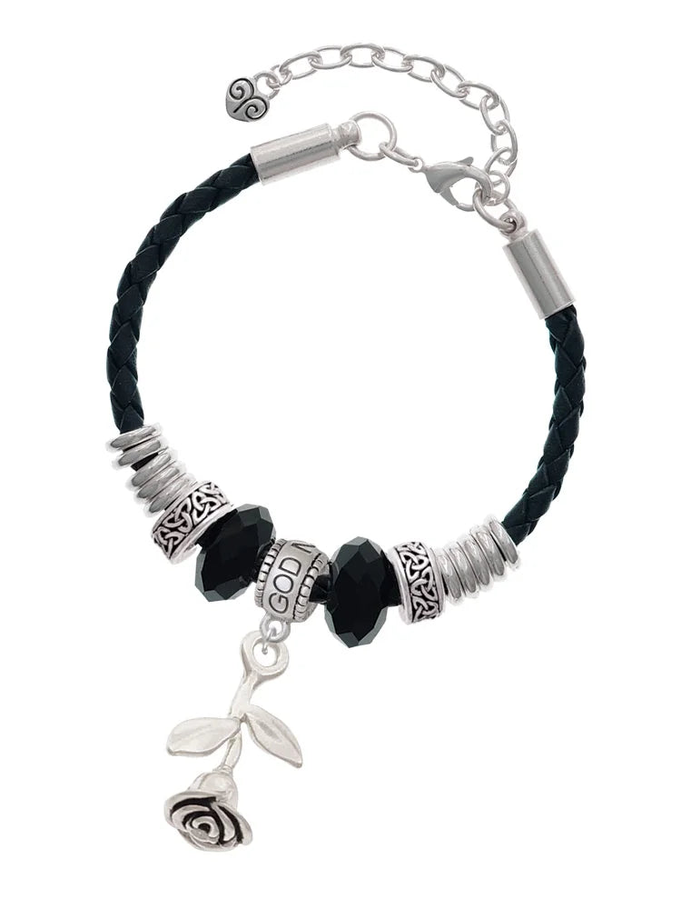 Delight Stemmed Jewelry Bracelet, Leather Godmother Knot Bead Extender 7"+2" Rose Celtic Silvertone