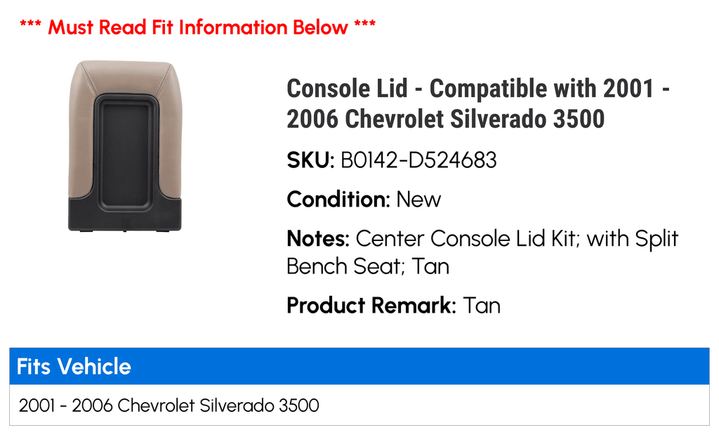 Lid 2005 Chevy with - Compatible Silverado Console 3500 2003 2002 2001 2004 - 2006