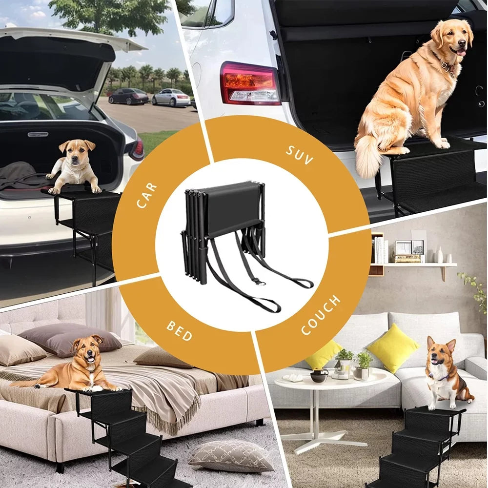 Foldable High Beds,Trucks,SUV,Car Pet Stairs,Lightweight Frame for Ramp,Metal Nonslip Portable 4 Sunb Stairs Steps