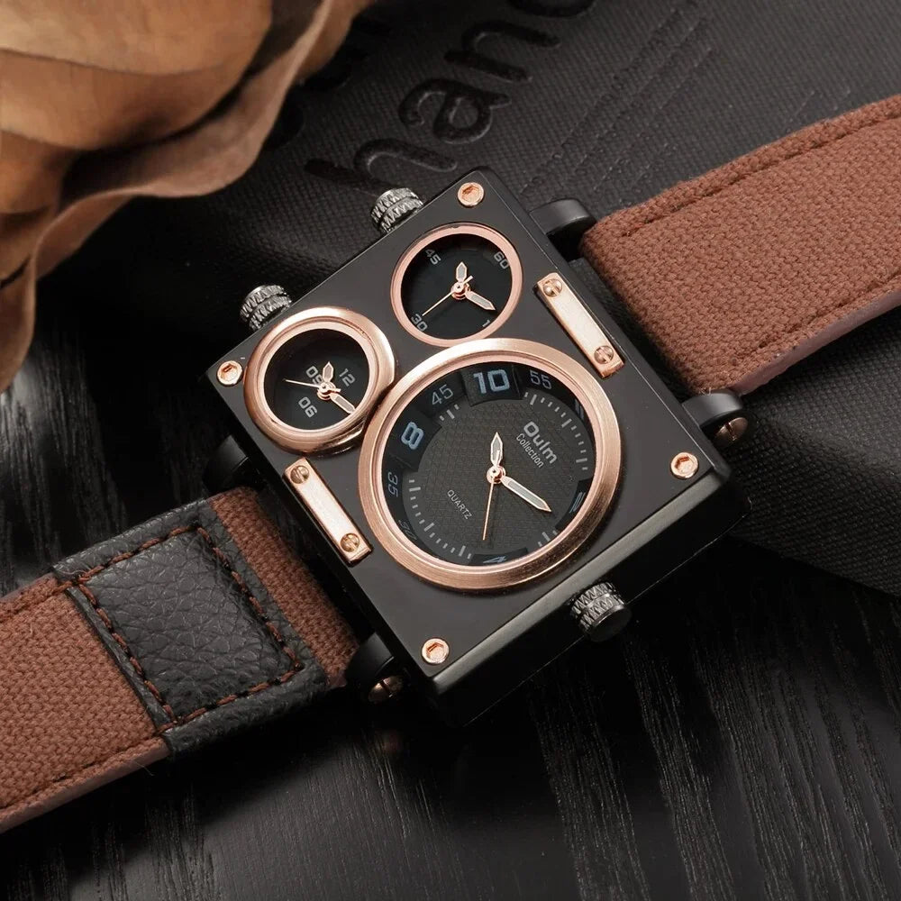 Luxury Casual Watches 3 Brand Watch design Zone Men Quartz Fashion Men's Square Face Watches Blue Time Unique Big New Designer