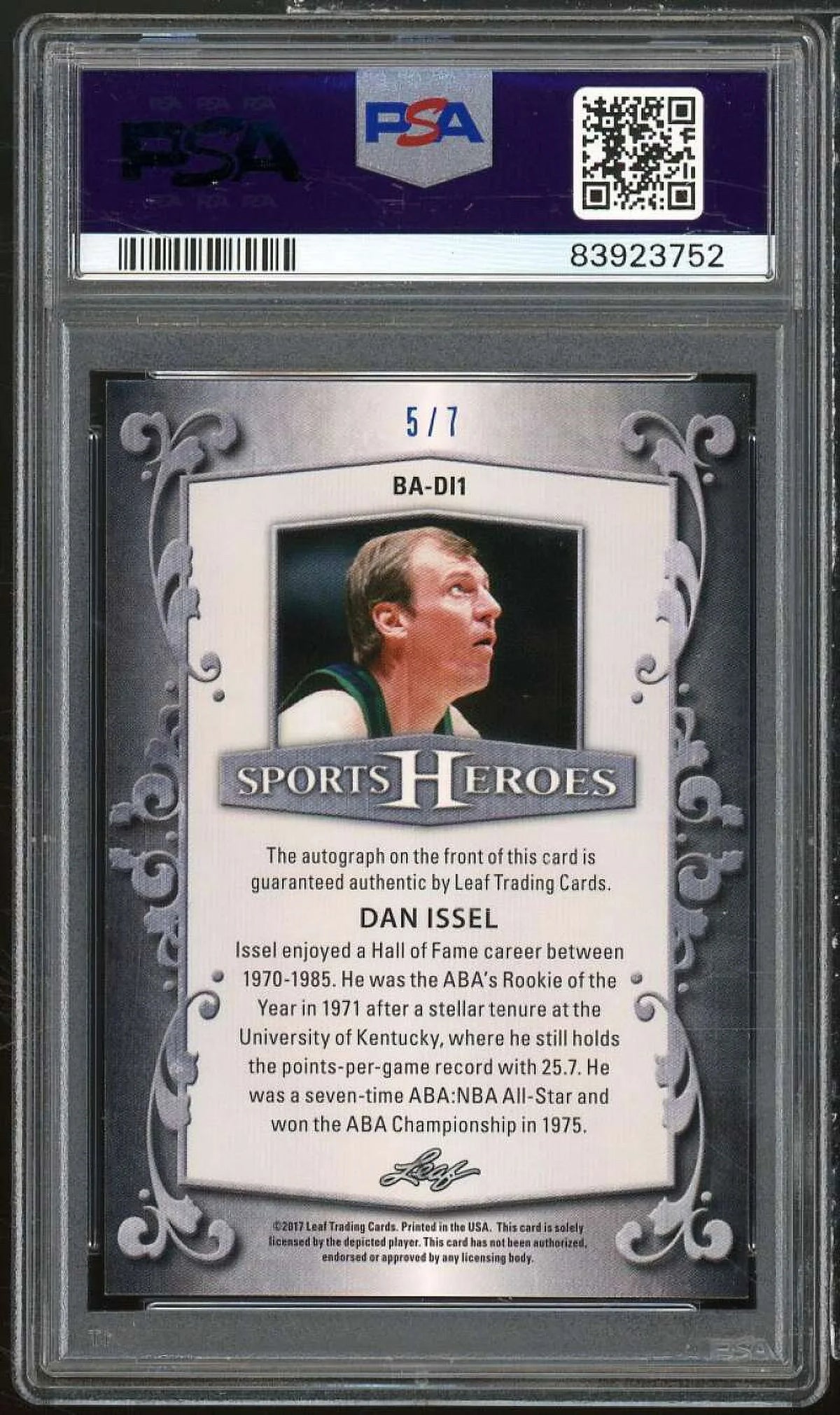 (#d Metal Leaf Card Sports Heroes 9 #BADL1 2017 5/7) Auto Issel Dan Blue PSA