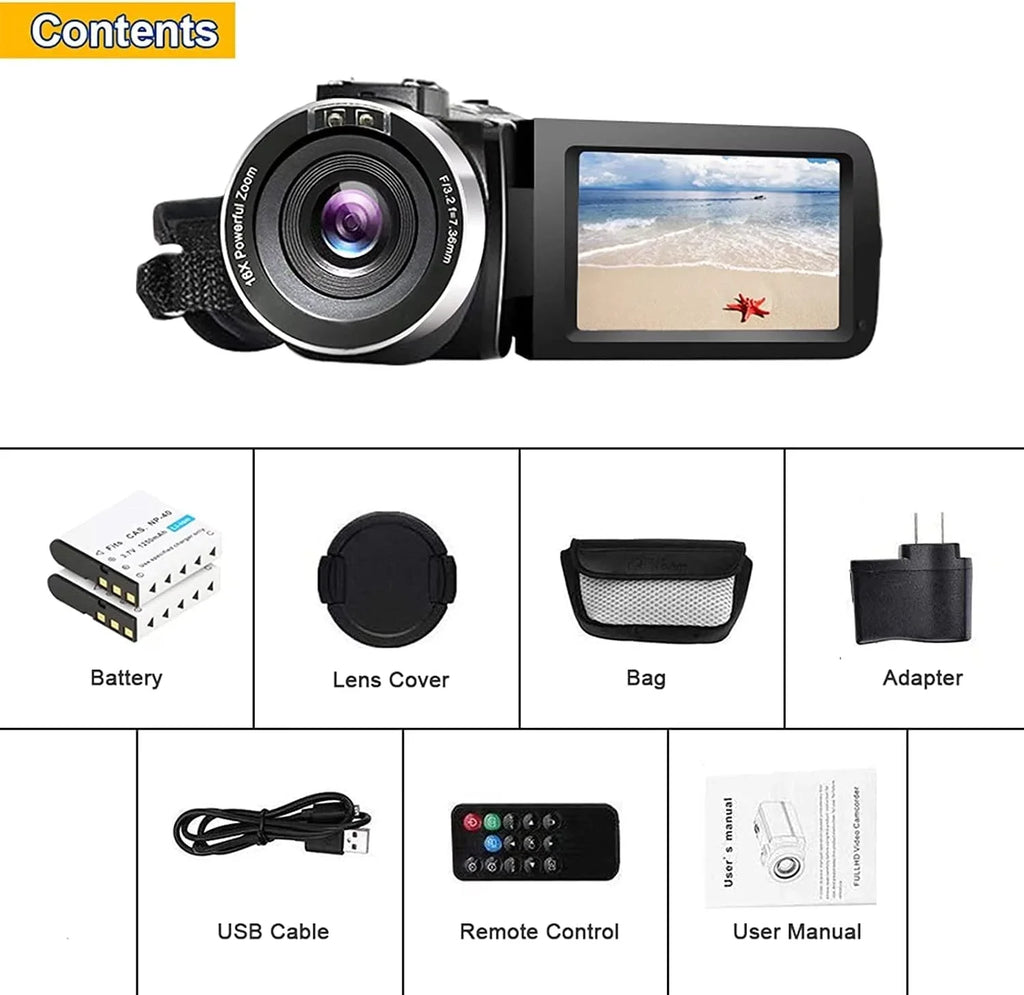 MP Vision IPS Camera Camera Camcorders Zoom Inch Remote Recorder Camera Camcorder 24.0 Vlogging Control Night Batteries 1080P Video 2 IR HD with Full 30FPS 16X 3.0 Screen