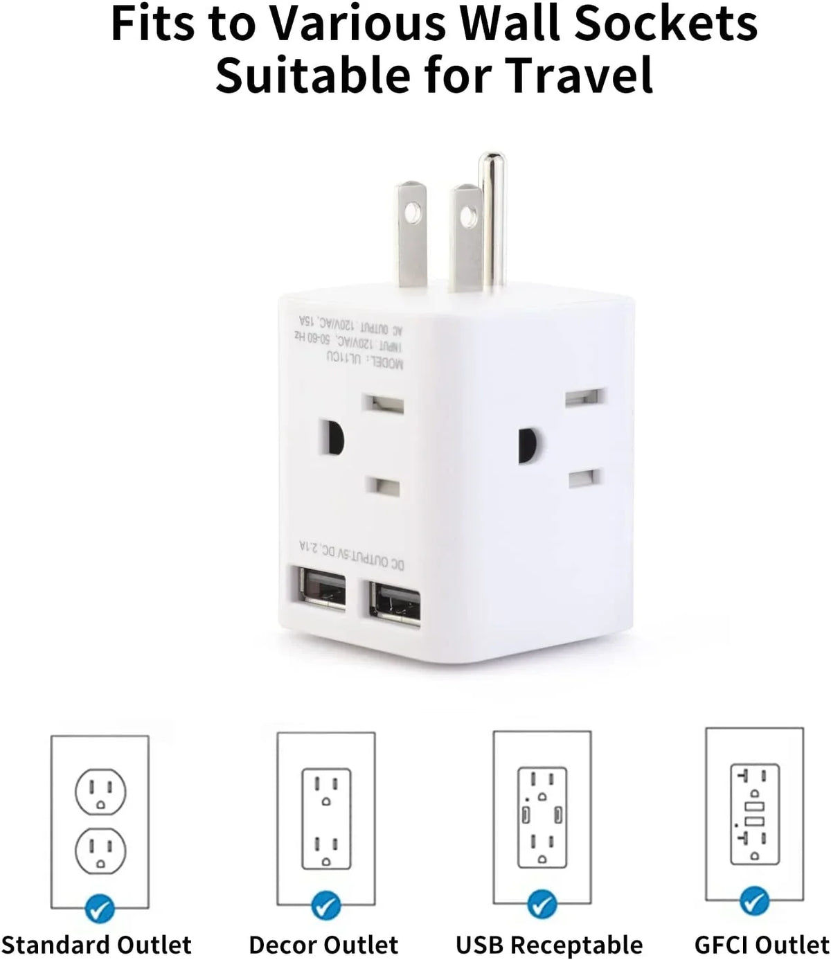 for Plug Home 2 Multi USA Prong Wonplug Angle 3 Charger Right 4 Cruise with Cube AC Wall Adapter Extender USB Outlet Plug Sockets, Ship Travel,White Splitter Adapter Wide Spaced Office and