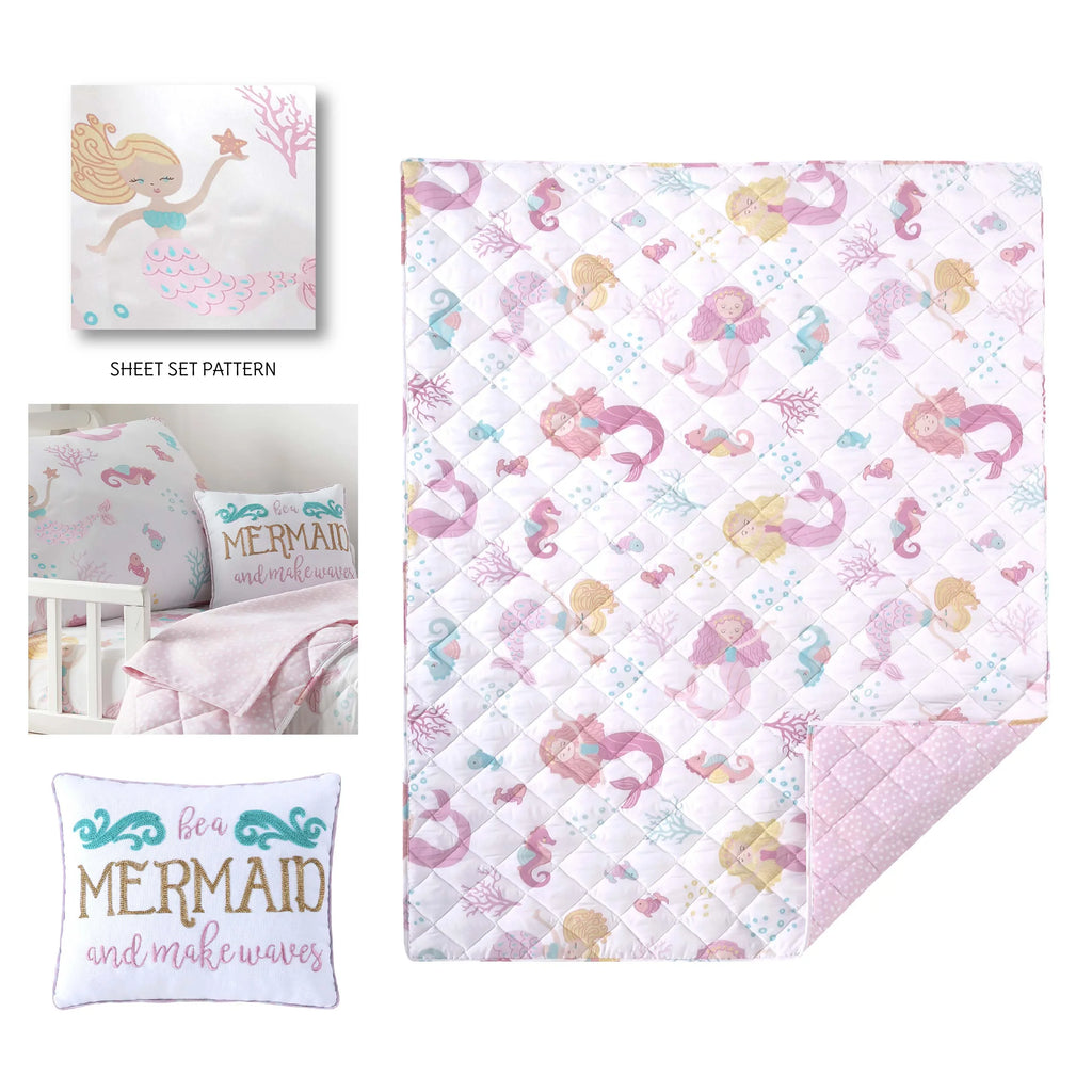 Reversible Floral Pillow 5 Quilt, Aqua, Pink, - Pilow Set Flat Case, Includes Taupe Sheet, Sheet, Piece - Mermaid - - Decorative Baby Set Bed Levtex Fitted Toddler