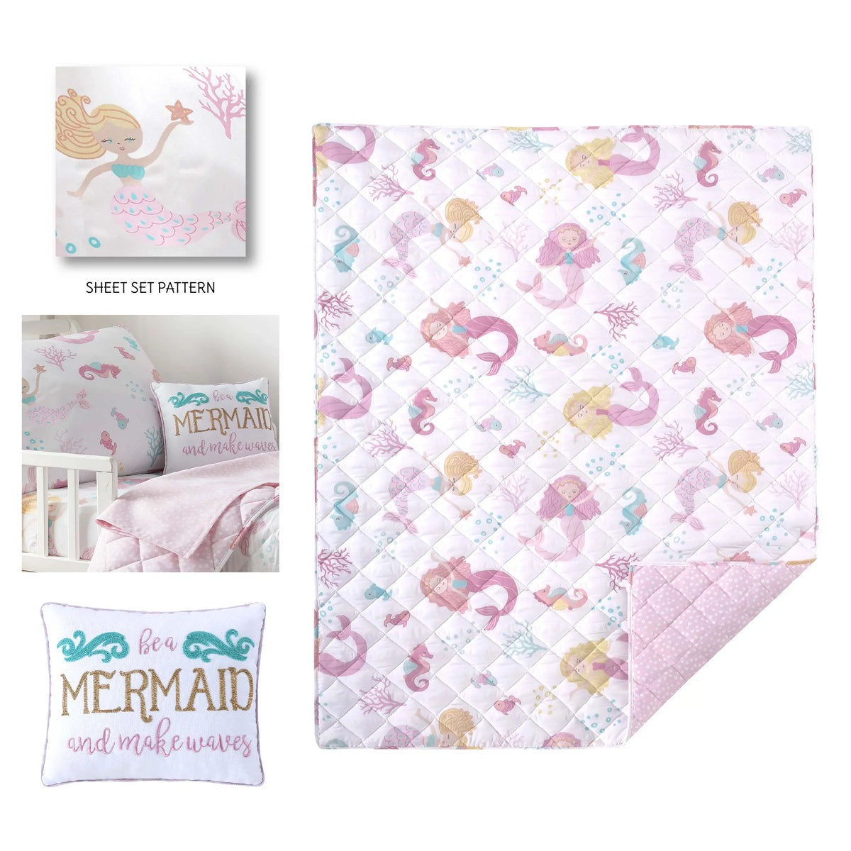 Reversible Floral Pillow 5 Quilt, Aqua, Pink, - Pilow Set Flat Case, Includes Taupe Sheet, Sheet, Piece - Mermaid - - Decorative Baby Set Bed Levtex Fitted Toddler