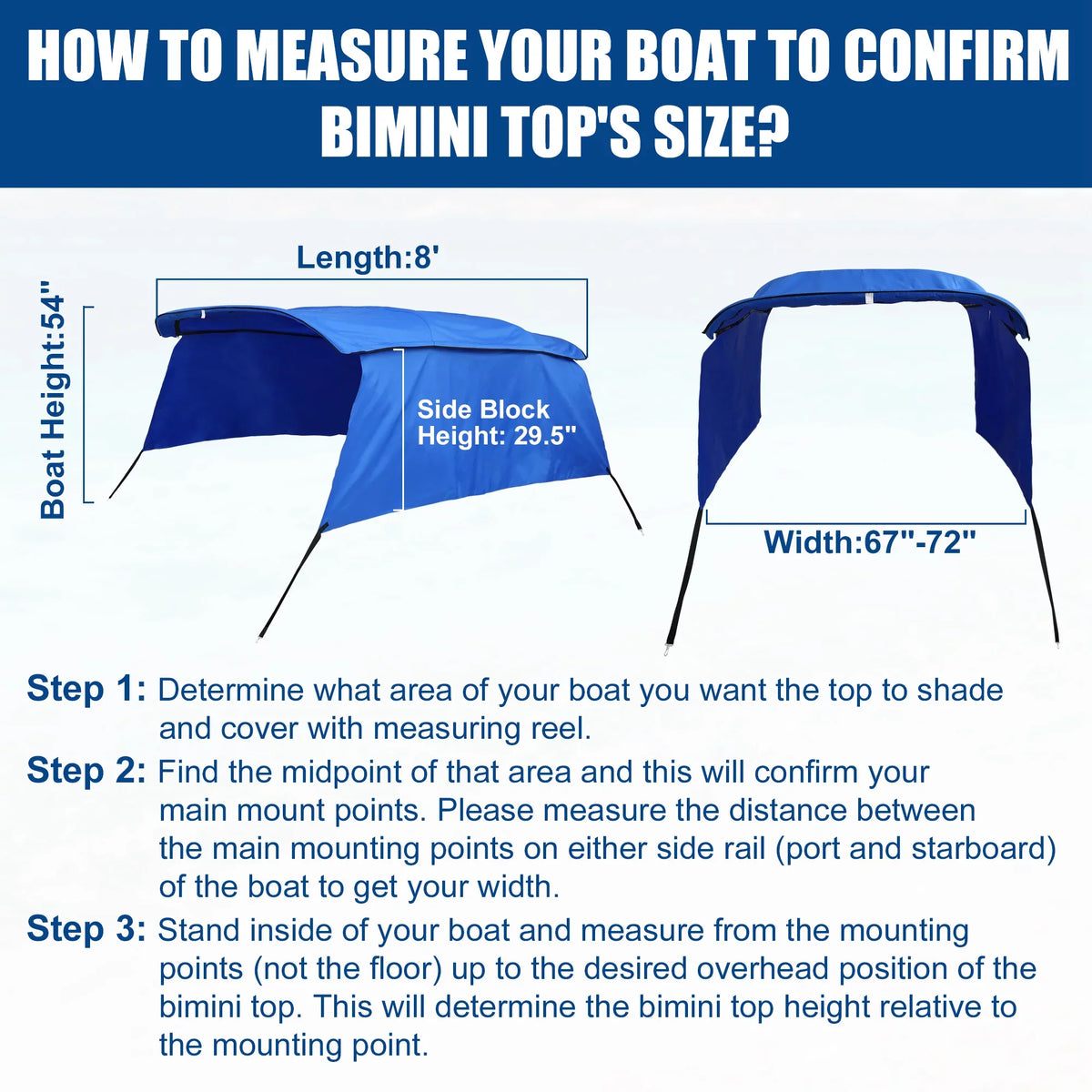 Side Blue Canvas 8'Lx54"Hx67"-72"W With Blocks Top Bargains Detachable Bimini Unique 4Bow