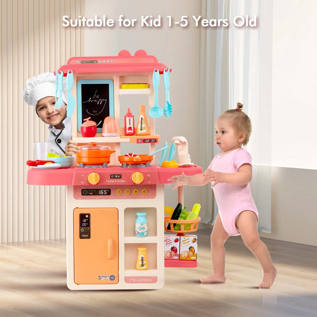 Toys Play for with 42-Pack Set Educational Toddler Sounds Kitchen Toddlers, for Real Food, Boys, Preschool Set Accessories Toy Pretend Kids Pink and Lights, Toys Kitchen Girls for