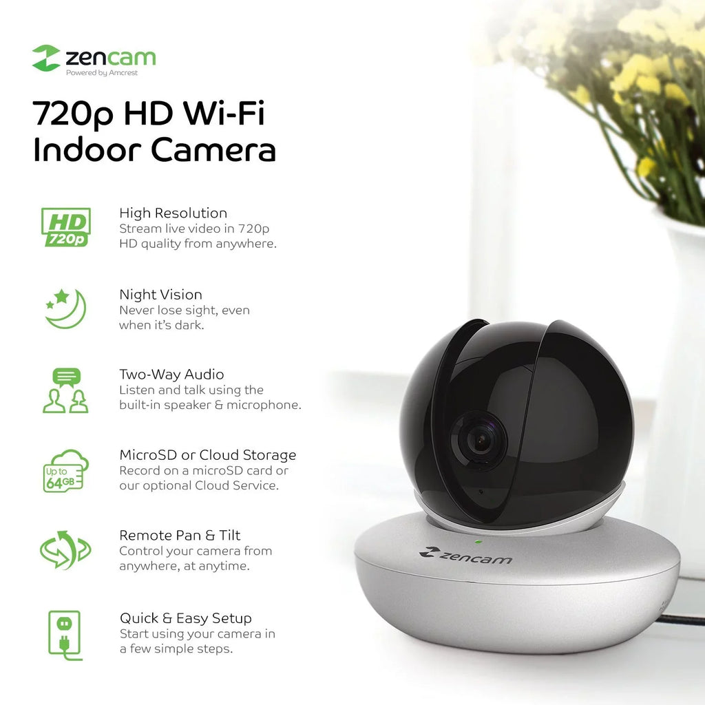 Zencam (4PACK-M1W) Security Dome White Talk Indoor Camera, Surveillance WiFi Zoom Baby Wireless IP 720P Cloud Two-Way Cam, System for Nanny 4-Pack Tilt with Pet, Camera, Home Pan Monitor Home,