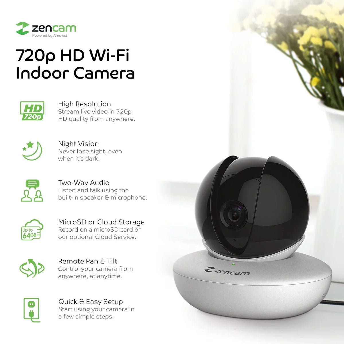 Zencam (4PACK-M1W) Security Dome White Talk Indoor Camera, Surveillance WiFi Zoom Baby Wireless IP 720P Cloud Two-Way Cam, System for Nanny 4-Pack Tilt with Pet, Camera, Home Pan Monitor Home,