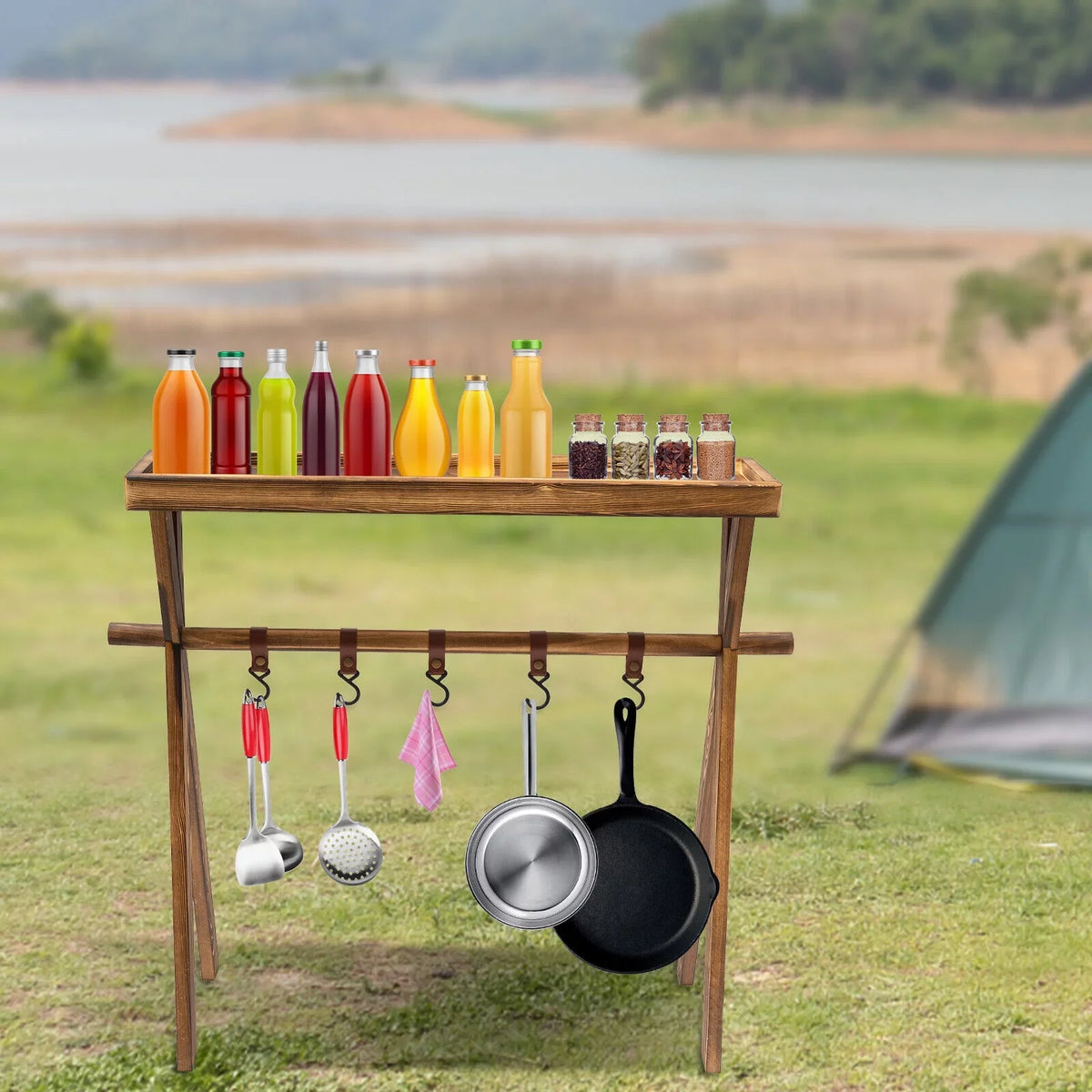 Miumaeov Portable Wooden for Shelf Picnic, Rack Table Grill Rack exterior Storage BBQ Picnic Camping,