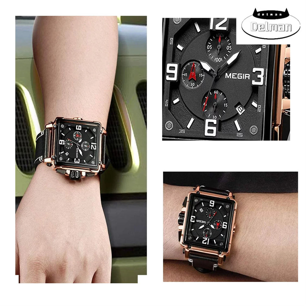 Men's Chronograph Casual Quartz Luxury Watch Man Strap for Watches Fashion Luminous Dial Wristwatch Square Waterproof Leather