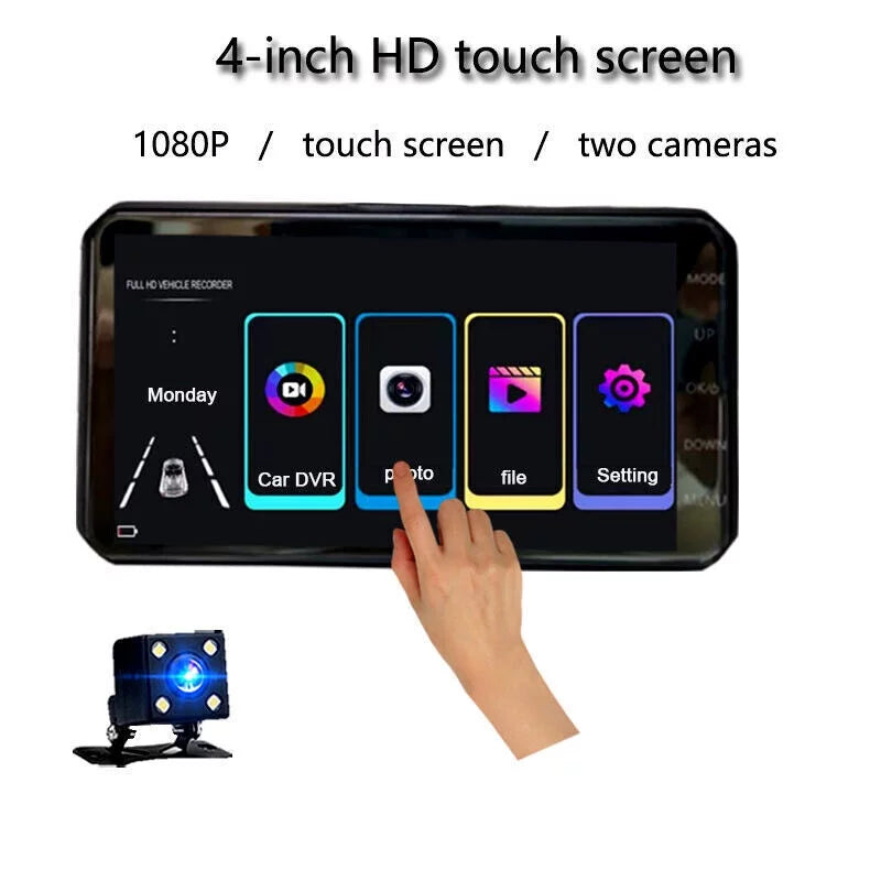 Parking Car Motion Front Dual Monitoring and Rear Dash 1080P Camera 4" Screen DVR Detection Recorder Xhy Video Driving Touch Cam and G-Sensor, Lens HD