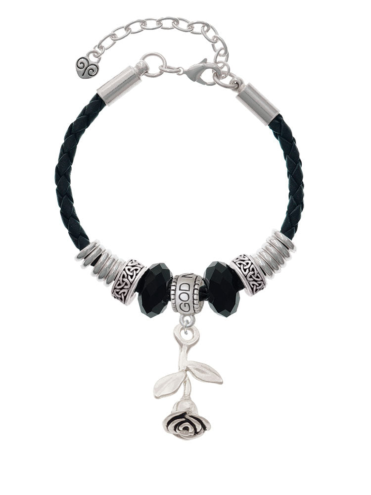 Delight Stemmed Jewelry Bracelet, Leather Godmother Knot Bead Extender 7"+2" Rose Celtic Silvertone