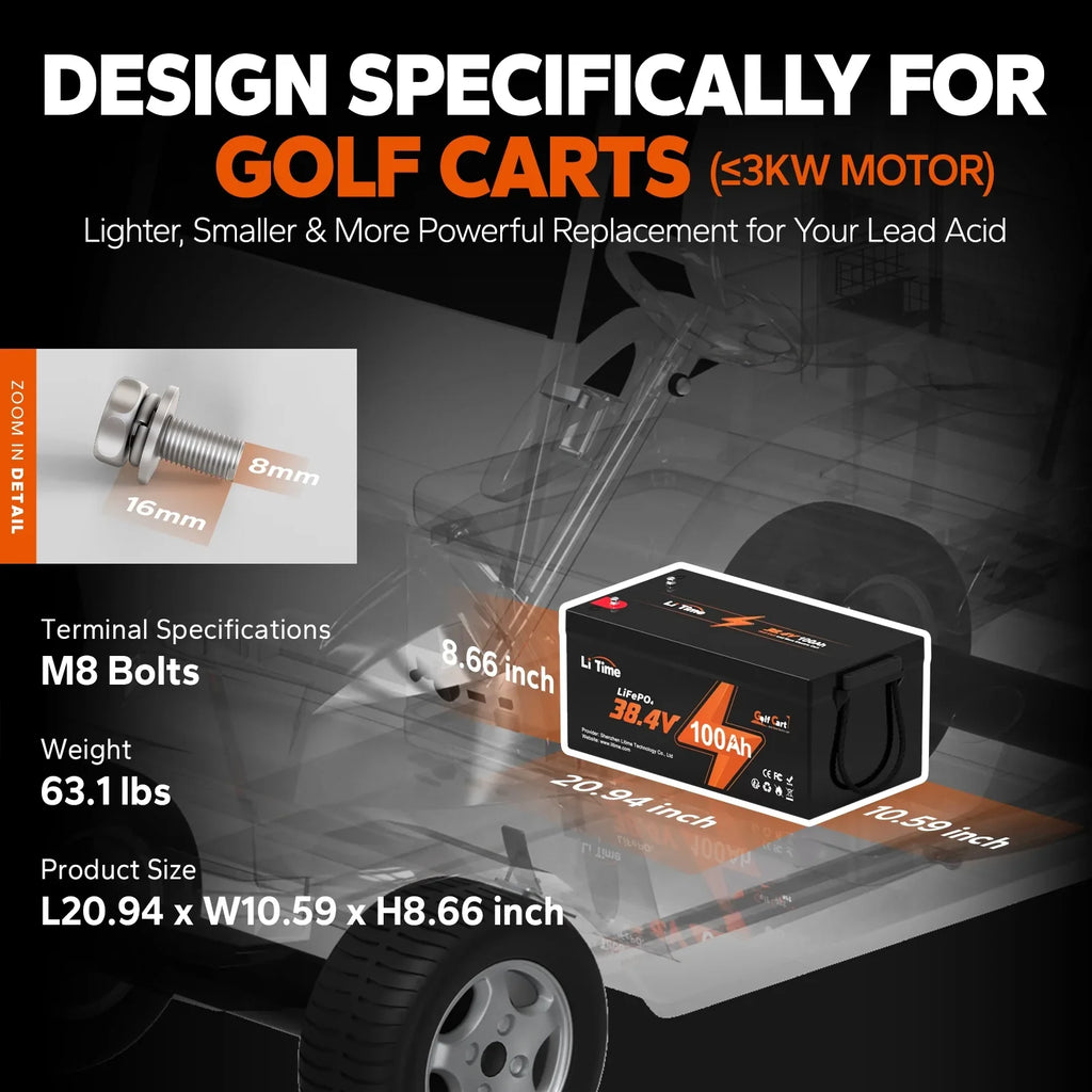 Cycle, 100Ah Built-in Golf for Deep 36V Motor, Mower and 2C 200A Lawn Battery, GC2 RV, Golf Discharge, 15000 LiTime Cart, LiFePO4 Support Max. Power Trolling Cart Max. 7.68kW Perfect Lithium BMS,
