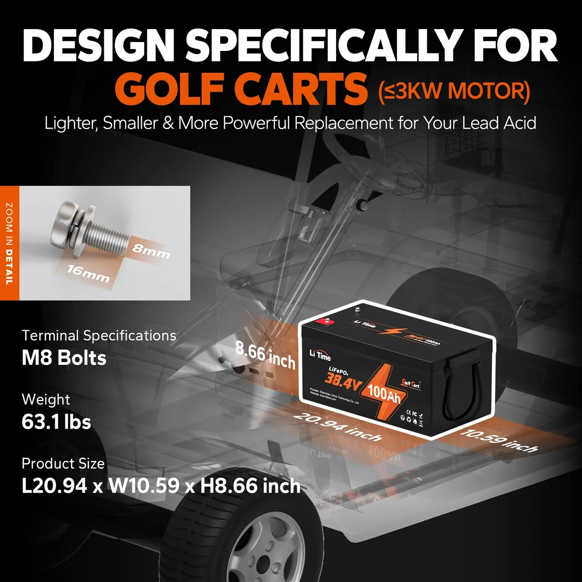 Cycle, 100Ah Built-in Golf for Deep 36V Motor, Mower and 2C 200A Lawn Battery, GC2 RV, Golf Discharge, 15000 LiTime Cart, LiFePO4 Support Max. Power Trolling Cart Max. 7.68kW Perfect Lithium BMS,