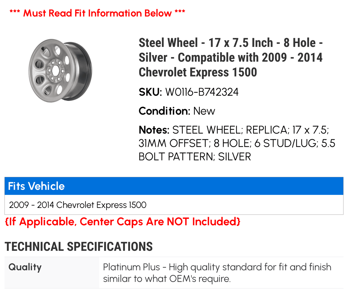 2009 Express - x - Steel Inch 2013 2010 Compatible Chevy 1500 - 8 2011 17 with - Wheel 2012 Hole Silver 2014 7.5 -