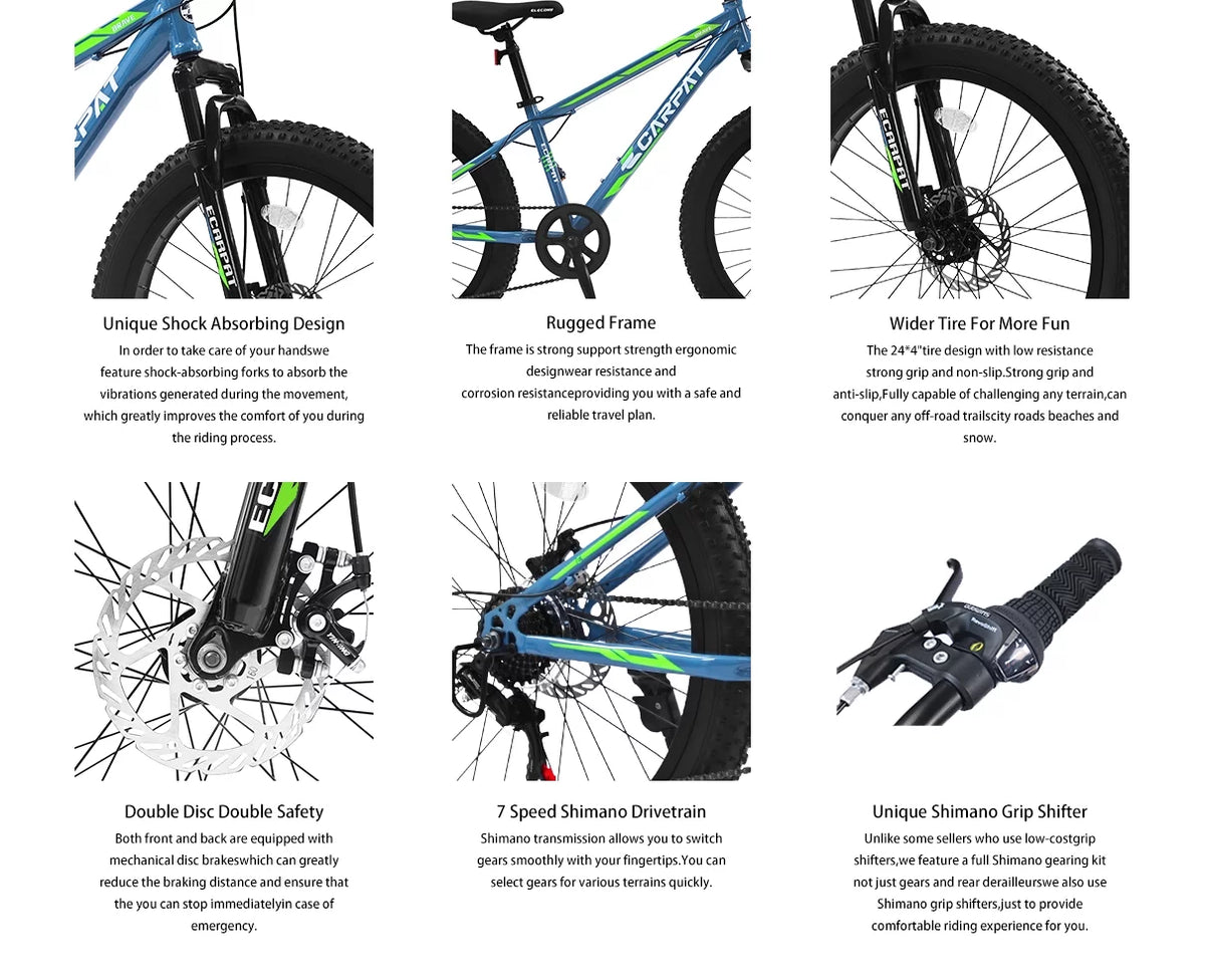Disc Adjustable Seat, Brake, Bike, Dual Speed Inch Bike, Mountain Fat Trail Suspension, Front Tire 24 7 Mountain Blue Bicycle,
