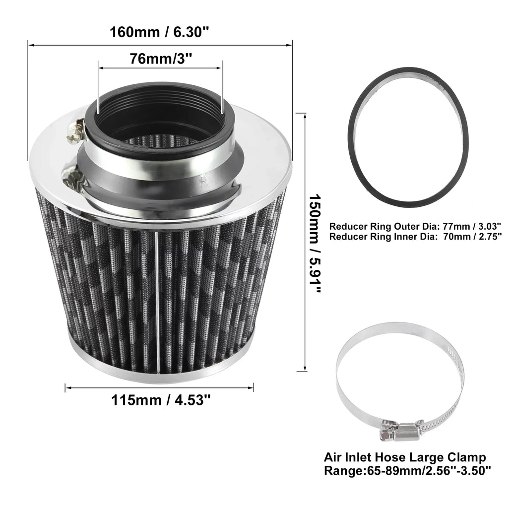 2.7" on Cold Pattern Washable Filter Air 70mm Replacement Ring Clamp Intake Fiber Reducer Inlet Cone Carbon 1pcs Air Dry