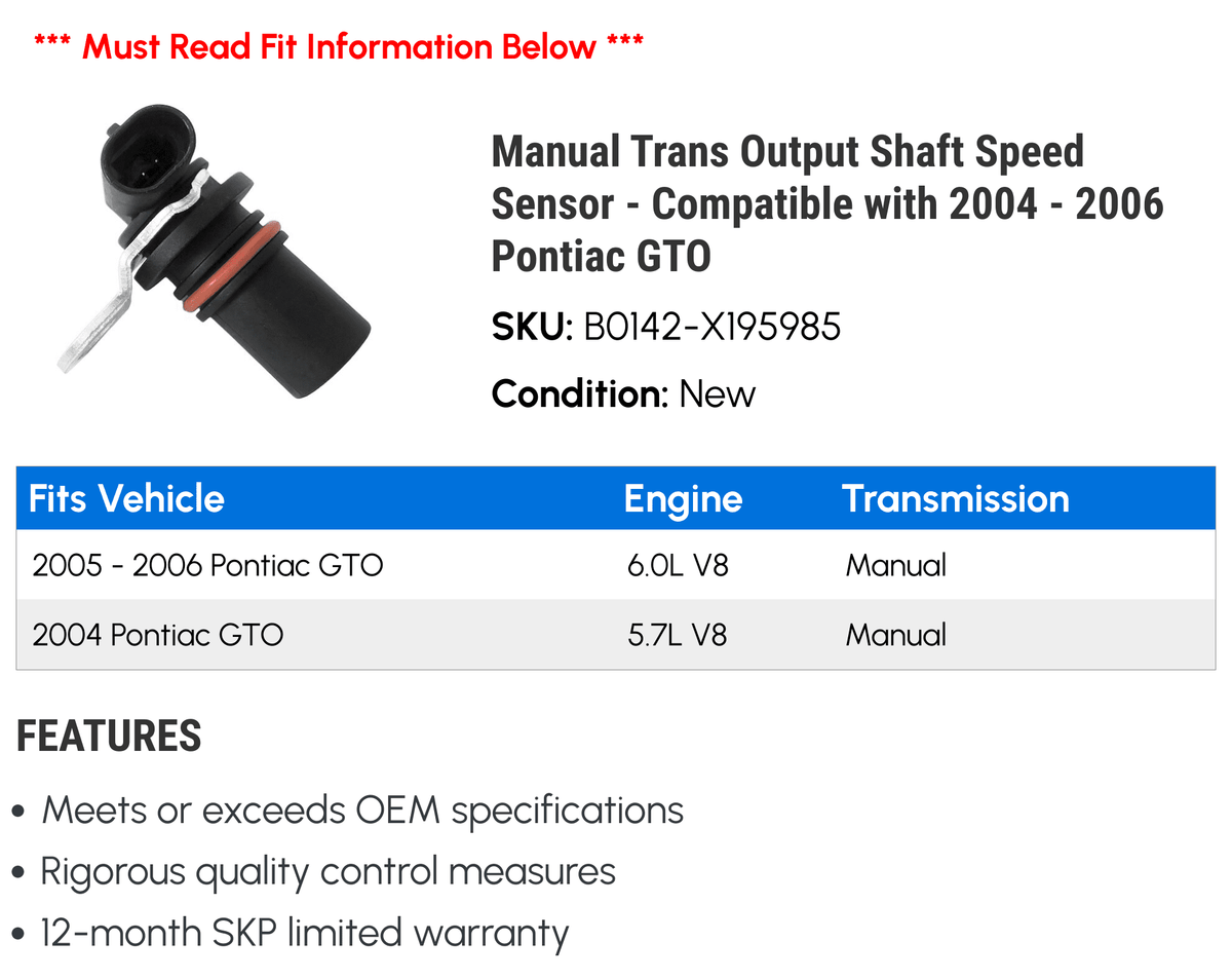 Speed 2006 Output GTO 2004 Sensor Pontiac - Shaft Compatible - with Manual 2005 Trans