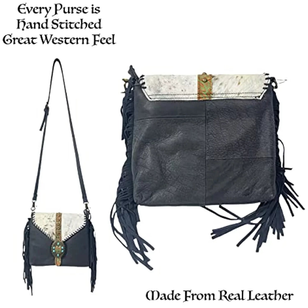 Crossbody Tote Urbalabs Bag Tooled Western Leather Stitched Teal Hand Purses Buckle Messenger Stone Fringe Cowhair (Blue)
