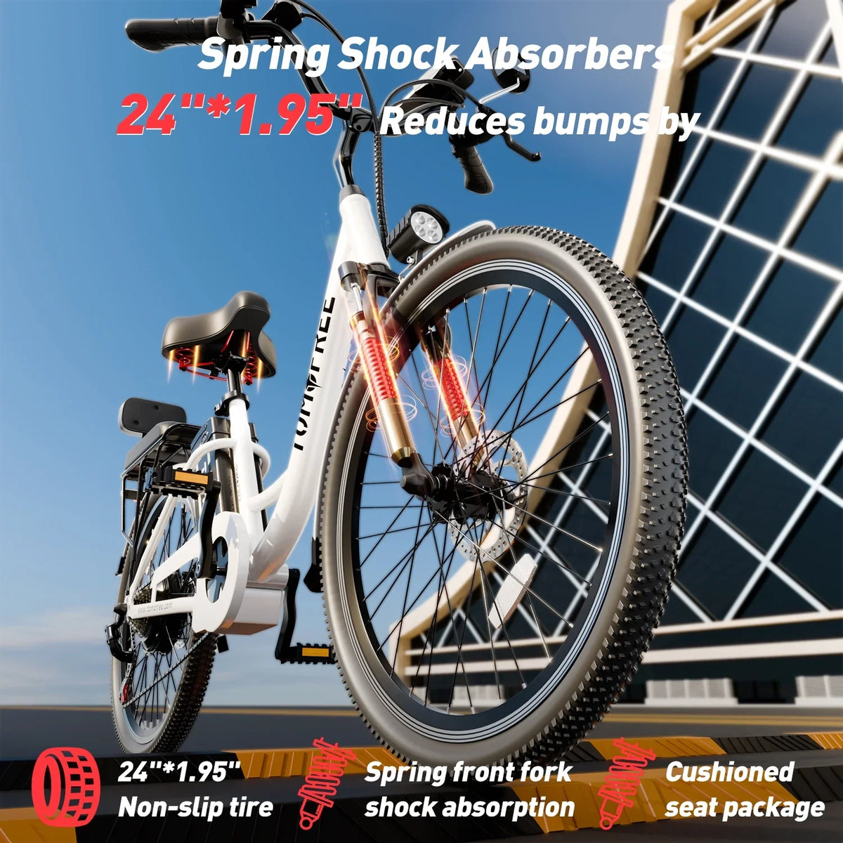 for Cruiser 7-Speed, Cityscape Shi-mano 20Ah Commuter Bike, Electric City Electric E-bike 48V Removable White 24" Battery, Bike Adults 22MPH 500W