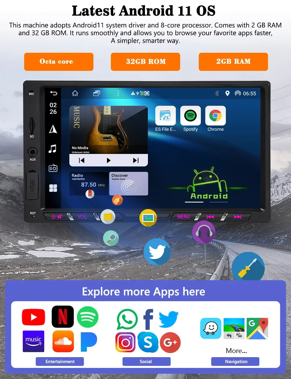 Inch 7 G+G 11 Core Android Screen Stereo Radio Backup Car with Carplay Din Touch Car Camera IPS Navigation Mirrorlink Double WiFi Bluetooth Octa Auto Wireless Android GPS DSP