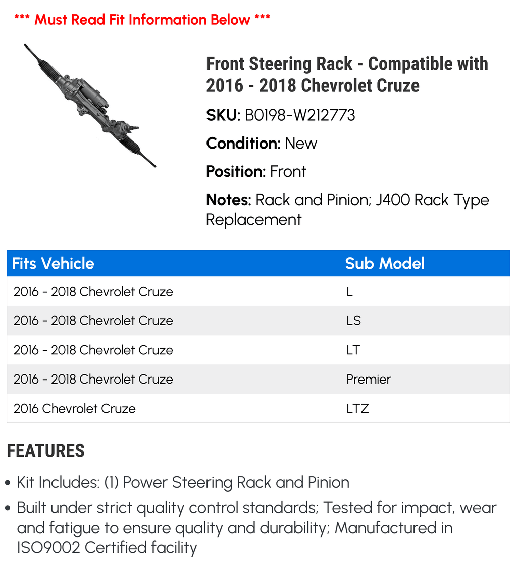with - Rack - 2017 2016 Cruze Front Chevy 2018 Steering Compatible