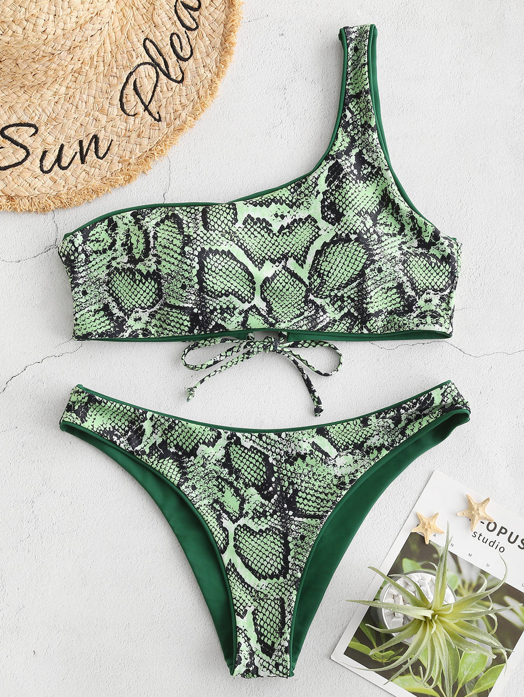 Leopard Bikini Swimsuit Women Green Print for Forest Reversible Shoulder Medium ZAFUL One Set Snakeskin M