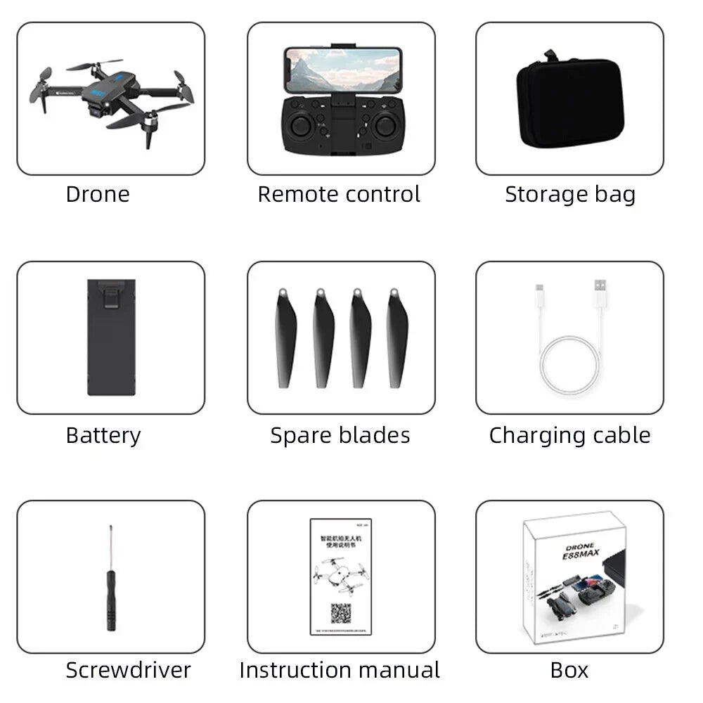 Drone HD Camera RC Quadcopter, E88Max 4K - FPV, Range Long WiFi AirMaster JahyShow Foldable -