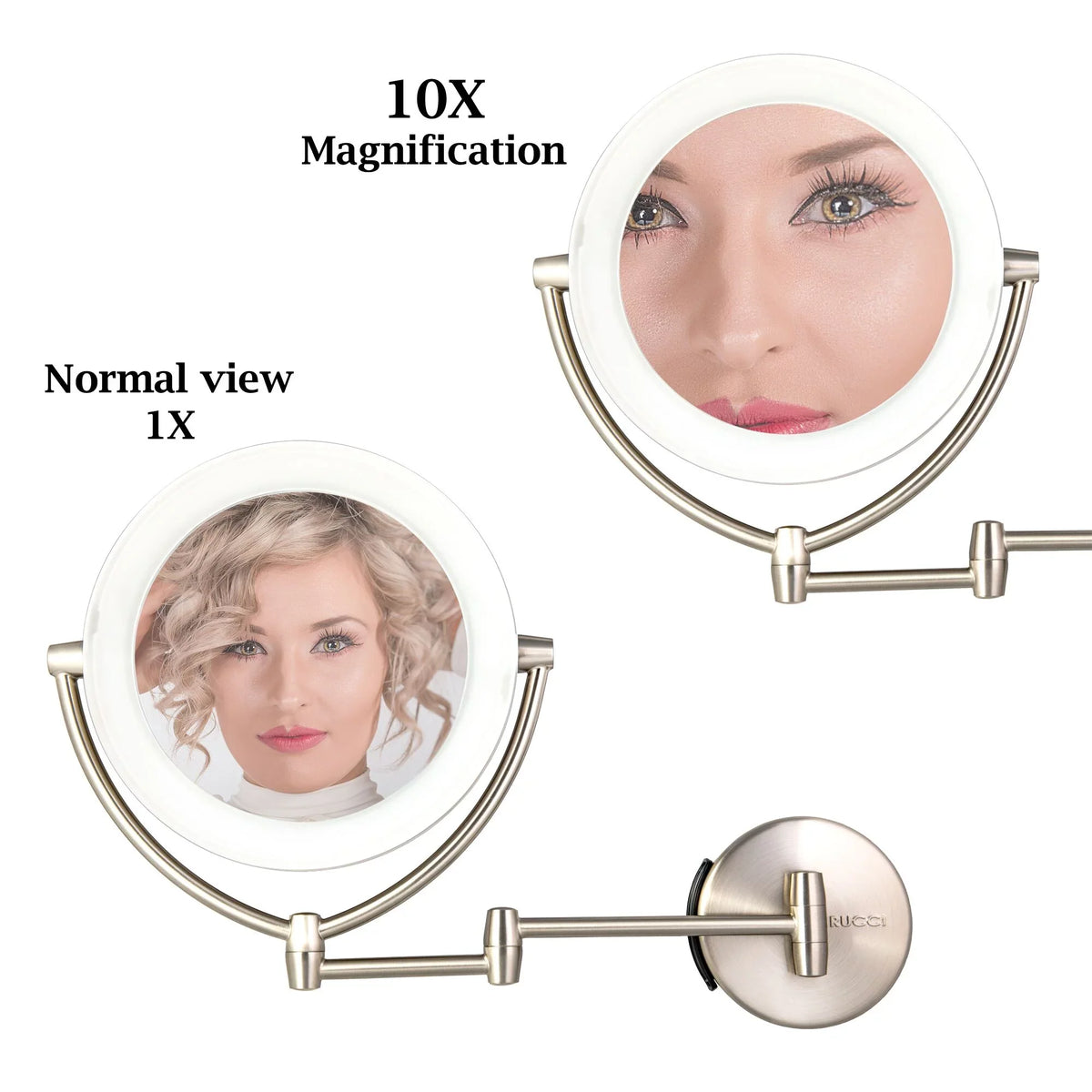 1x Lighted with AC Makeup & 10x M1000 3 Rucci 13.5 Vanity in. Mirror Touch, Adapter Tones, & Magnifying 3 Battery