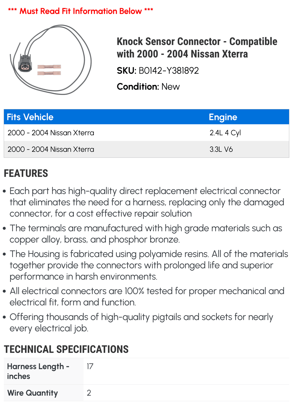 Xterra with 2000 - Sensor 2002 - Compatible Knock Connector 2003 Nissan 2001 2004
