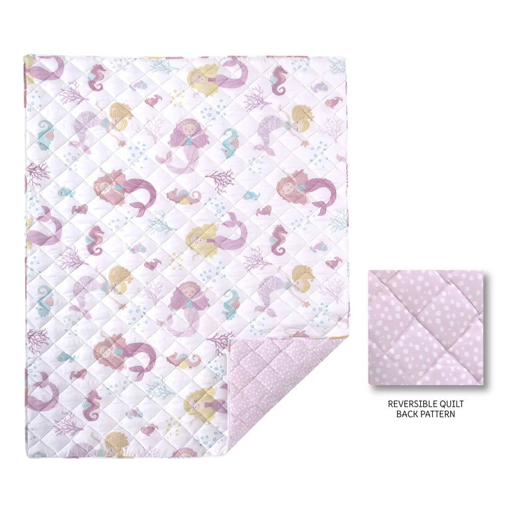 Reversible Floral Pillow 5 Quilt, Aqua, Pink, - Pilow Set Flat Case, Includes Taupe Sheet, Sheet, Piece - Mermaid - - Decorative Baby Set Bed Levtex Fitted Toddler