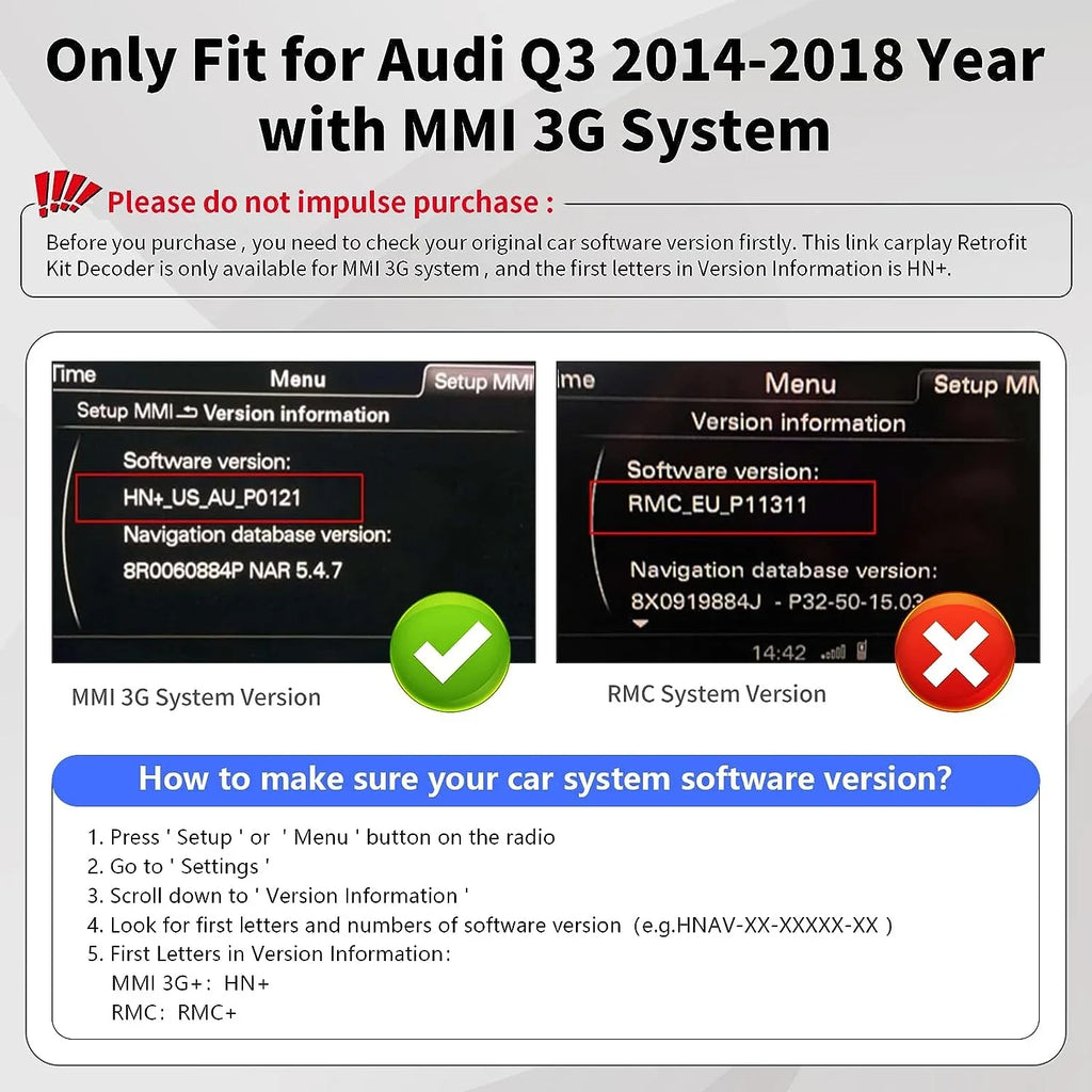 Year Carplay 2014-2018 with Android Camera Decoder, Q3 Auto for Kit Module 3G, Mirrorlink, Audi Top Support Carplay Version), MMI Wireless Software Car (HN+ Retrofit Road