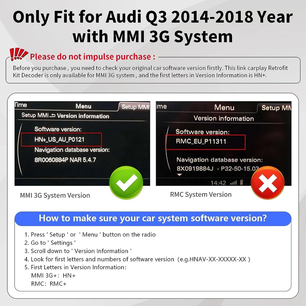 Year Carplay 2014-2018 with Android Camera Decoder, Q3 Auto for Kit Module 3G, Mirrorlink, Audi Top Support Carplay Version), MMI Wireless Software Car (HN+ Retrofit Road