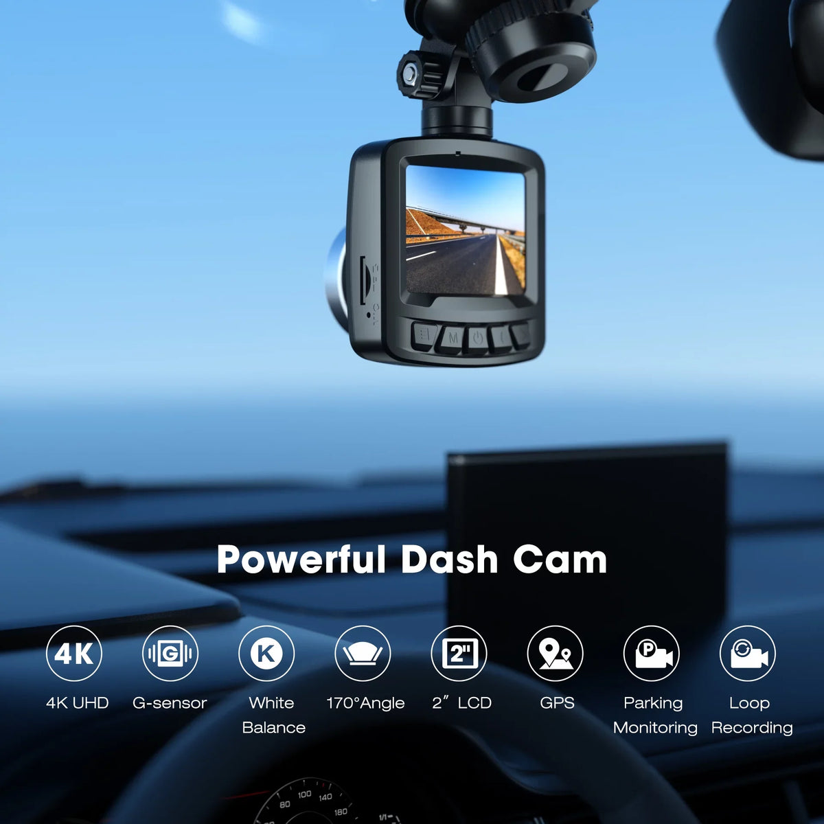 170° Night Dash Mode, LCD Cam,4K Cam G-Sensor Dash GPS, Car with Angle, Vision, Wide Camera Front 2" Parking TOGUARD Screen WDR,