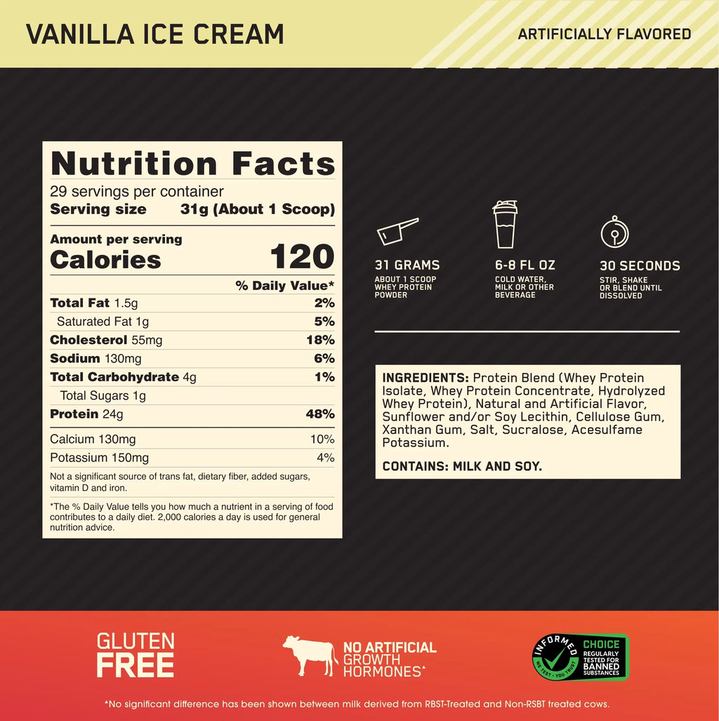Standard Gold 2 29 Whey Powder, Optimum Protein Servings Vanilla Cream, lb, Nutrition, Ice 100%
