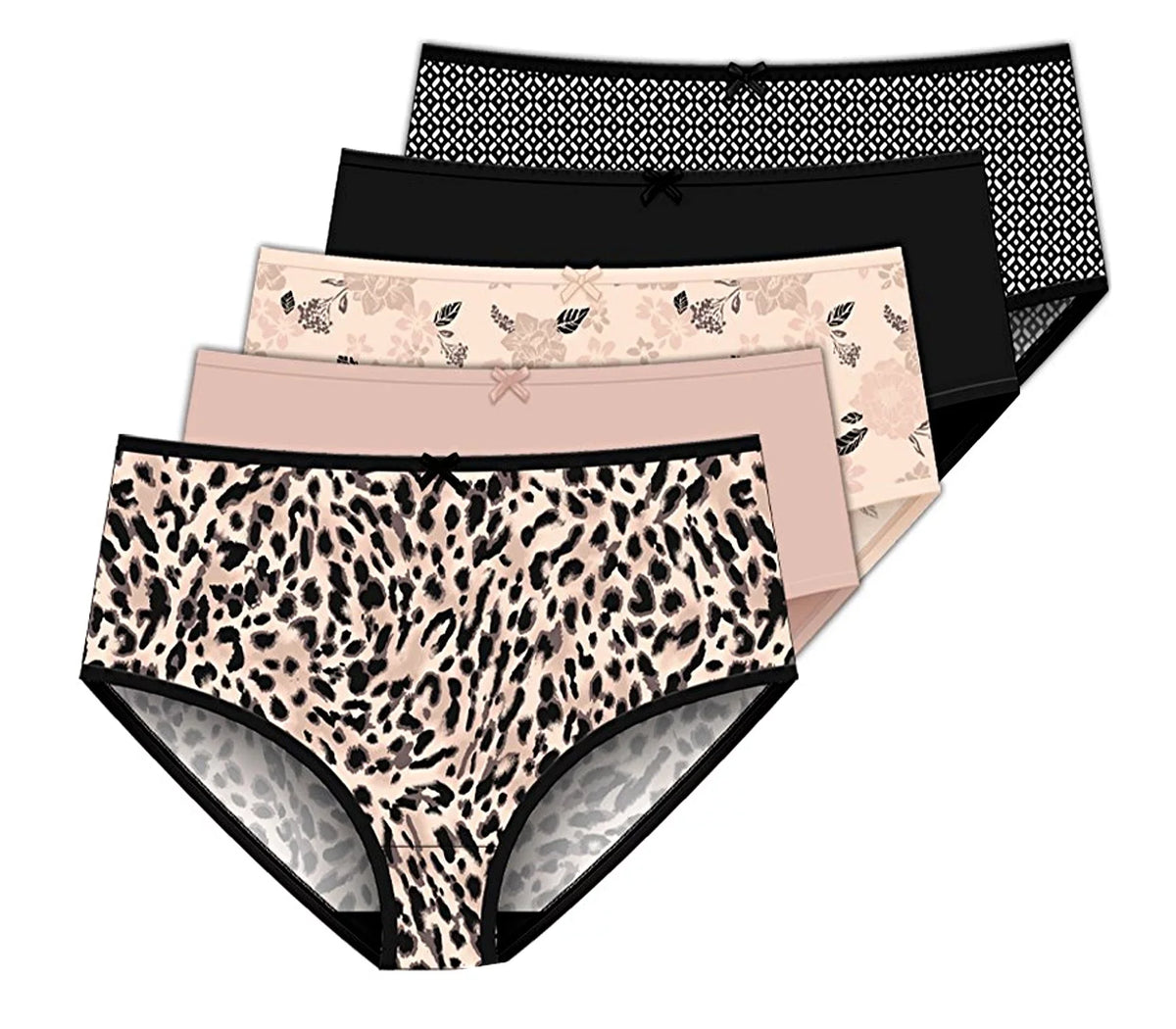 Geometric Whip 9 Microfiber 5-Pack dimension Solids Burke Leopard Brief - Panties Stretch Peach Colors - - Delta Women's