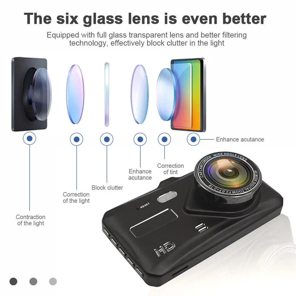 Parking Car Motion Front Dual Monitoring and Rear Dash 1080P Camera 4" Screen DVR Detection Recorder Xhy Video Driving Touch Cam and G-Sensor, Lens HD