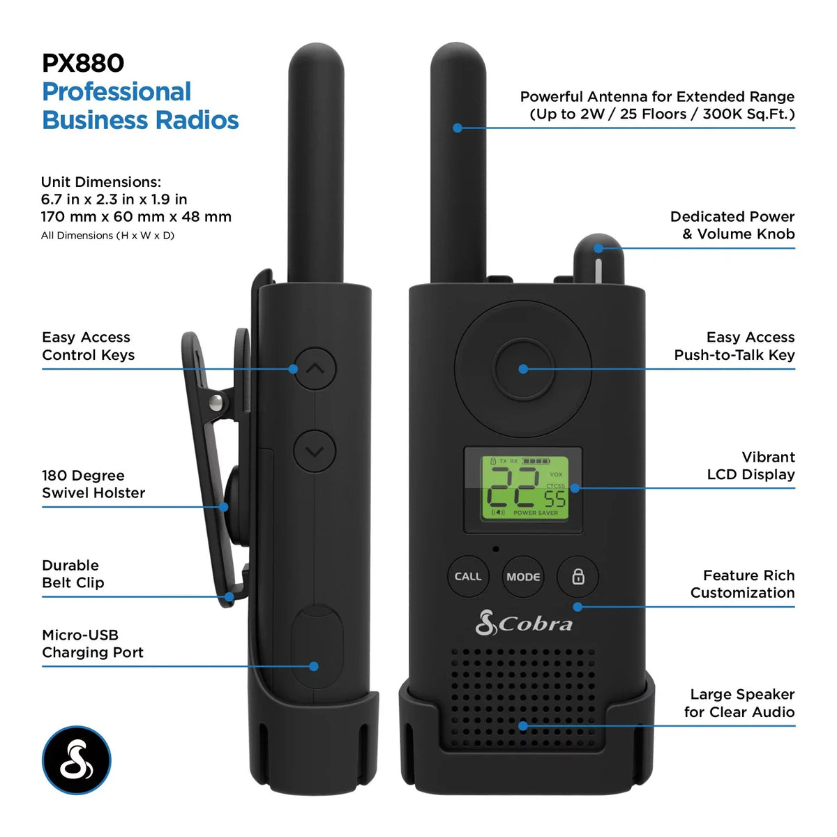 CBA-PX880 Radios Radios, Two-Way Of 2 MicroTALK Black, Cobra® Pack