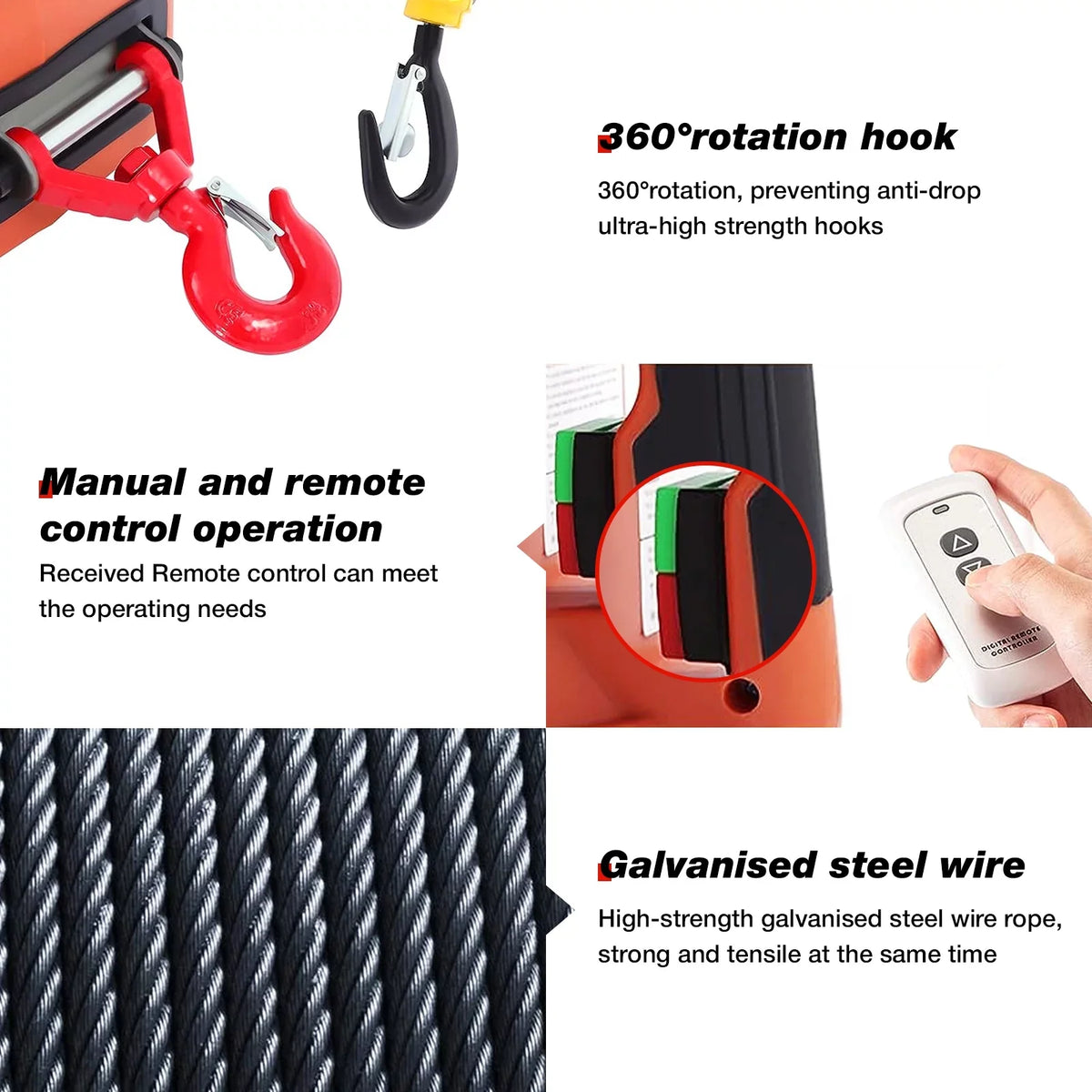Power Remote w/Wire 2200lbs Protection Hoist 2 Crane, 110V and Wireless Winch, Winch, Overload 25ft Height, Lifting Control, Towing for Winch Lifting 1 in Electric Portable Electric
