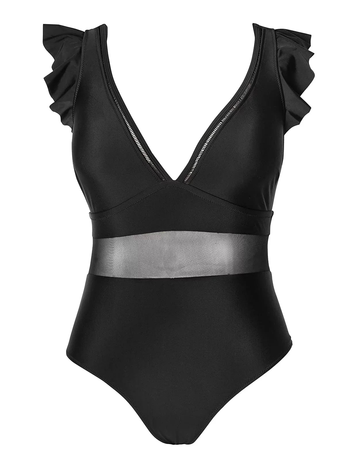 dimension Ruffle Bathing XXXXL Neck Cupshe Black One Suit, Plus Piece Women's Mesh V