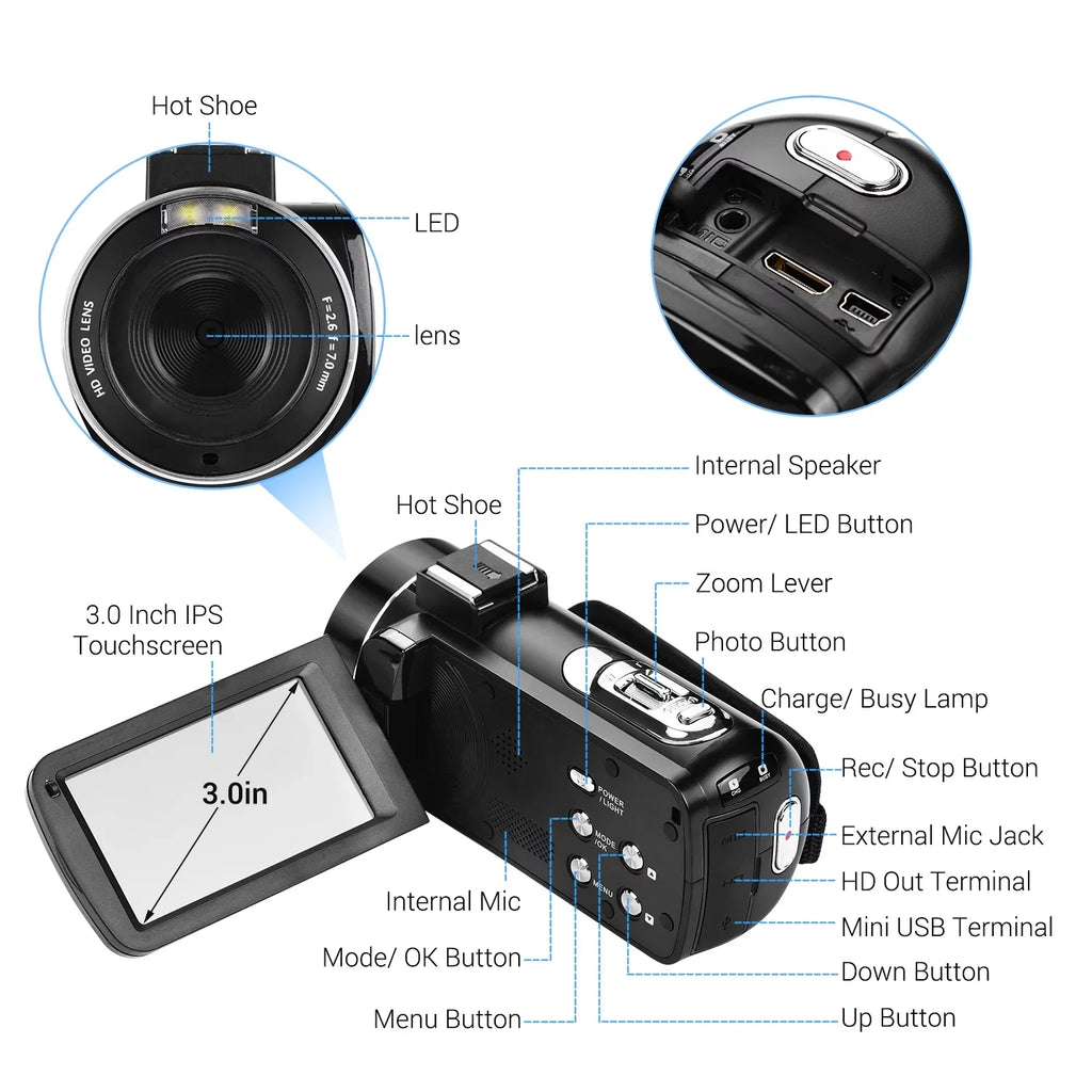 DV Function Professional Digital Video 4K 3.0 Mounting with CMOS Handheld Burst Andoer Camcorder Inch for Monitor Shoe Sensor IPS Microphone Hot -Shaking