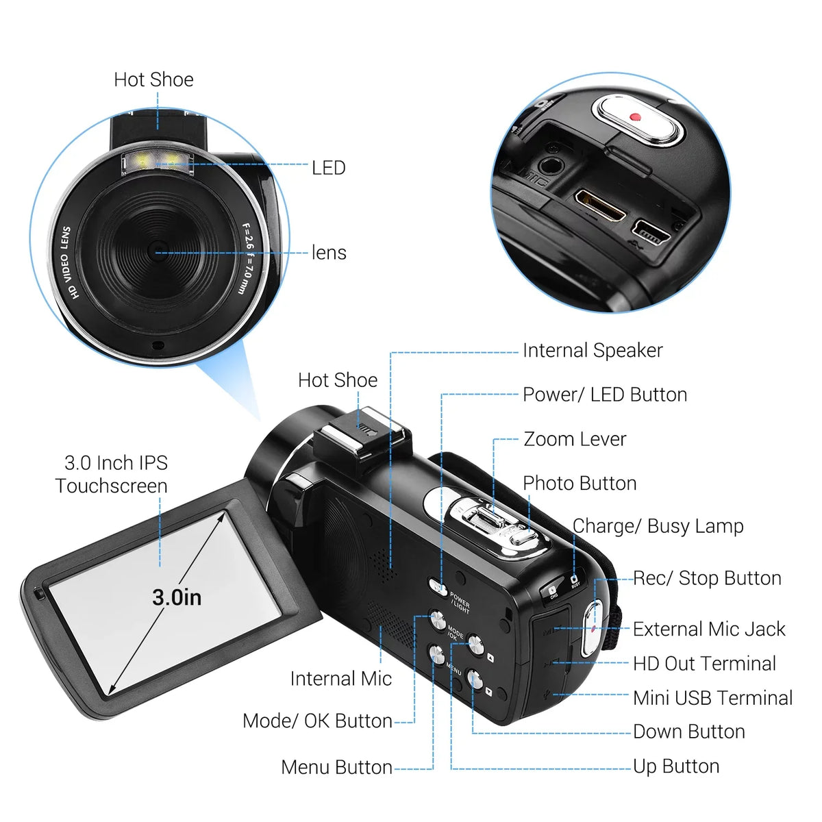 DV Function Professional Digital Video 4K 3.0 Mounting with CMOS Handheld Burst Andoer Camcorder Inch for Monitor Shoe Sensor IPS Microphone Hot -Shaking